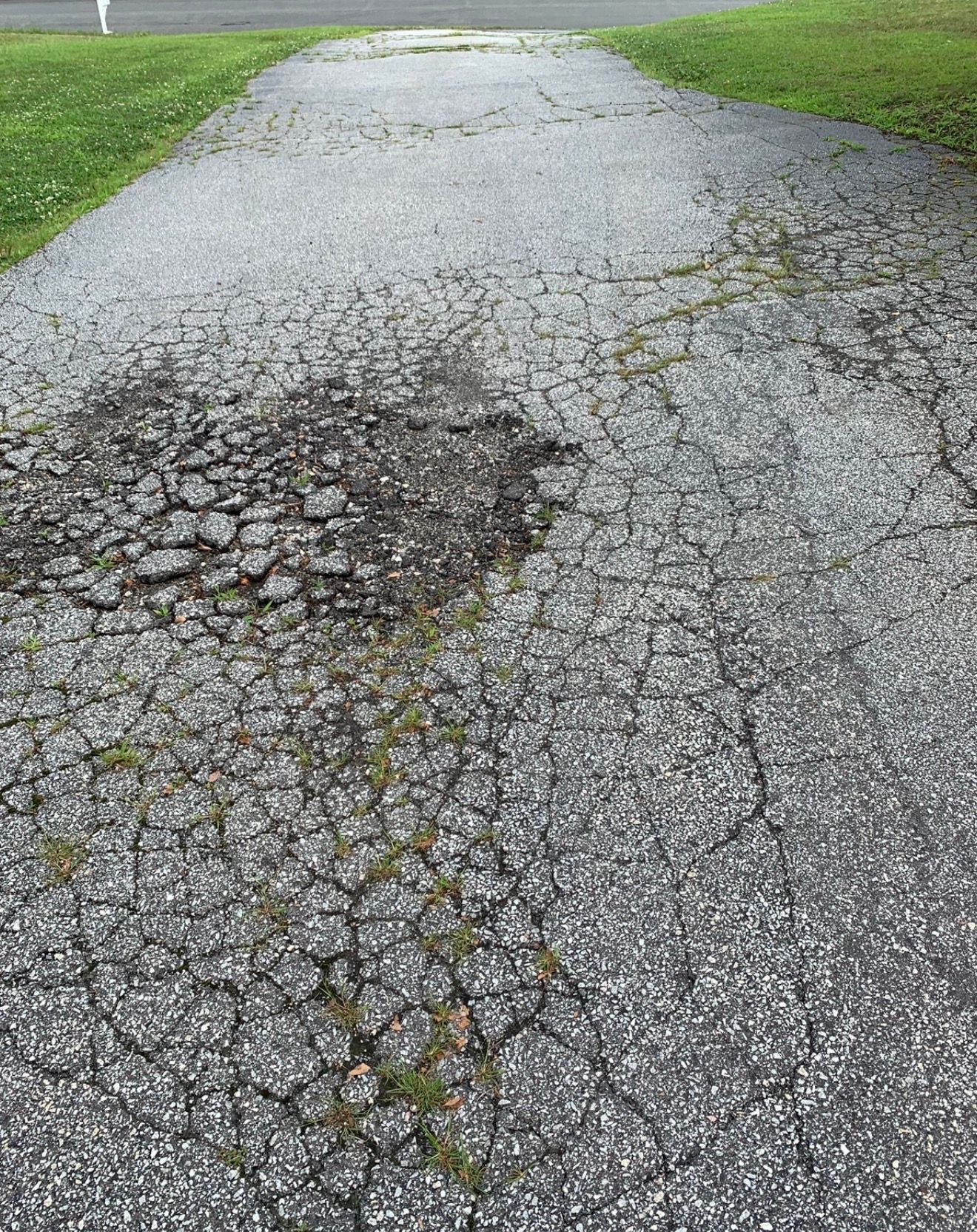 A weathered asphalt driveway showing significant cracking, erosion, and patchy vegetation growth.