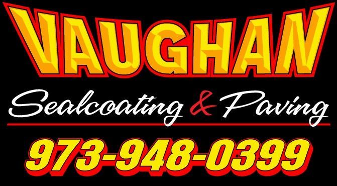 Logo for Vaughan Sealcoating & Paving featuring their name and phone number 973-948-0399 in yellow text on a black background.