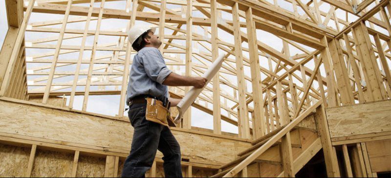 A man is standing in the middle of a wooden structure holding a blueprint.