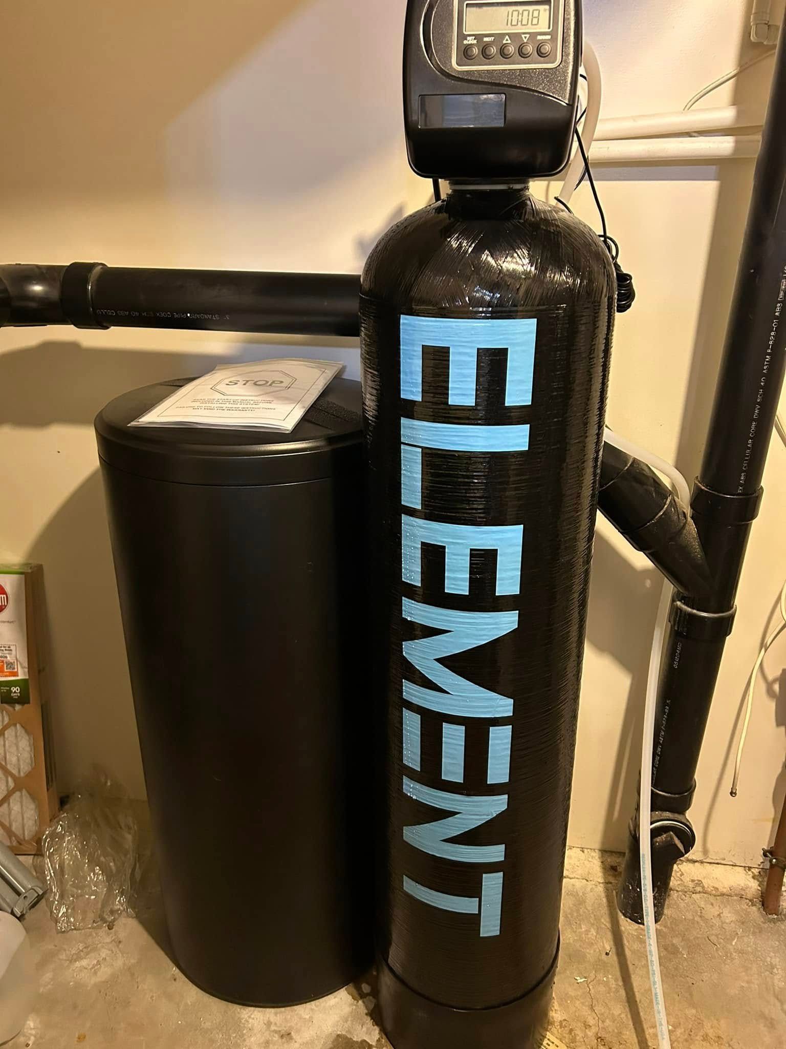 Water softener system labeled 
