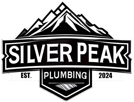 Logo for Silver Peak Plumbing, black and white with mountain graphic and company name.