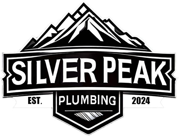 Logo for Silver Peak Plumbing, black and white with mountain graphic and company name.
