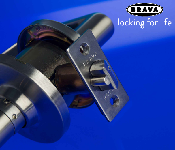 Stainless steel Brava door handle and latch on a blue background — East Coast Locksmiths in Port Macquarie, NSW