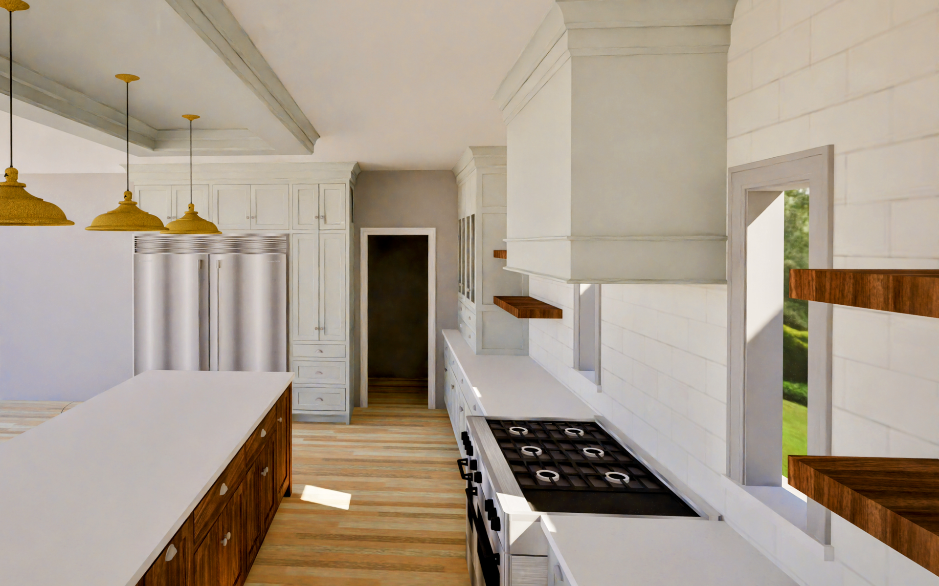 Two white trash cans are pulled out of a wooden cabinet.