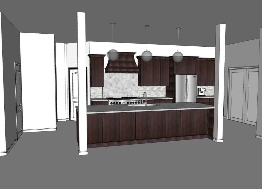 A computer generated image of a kitchen with dark cabinets