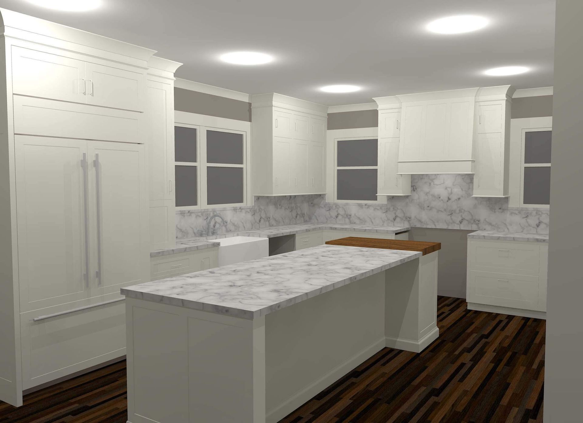 A 3d rendering of a kitchen with white cabinets and marble counter tops.