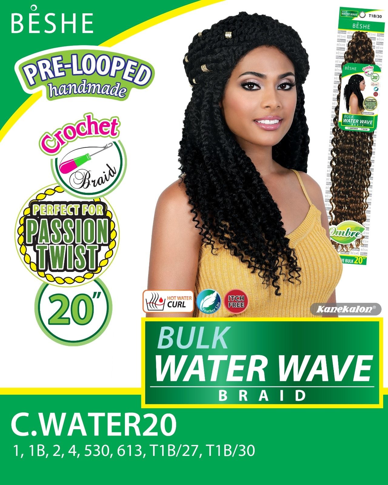 Woman with crochet water wave braids, product packaging.