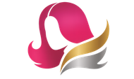Pink and gold logo of a stylized woman's hair, curls and flowing.