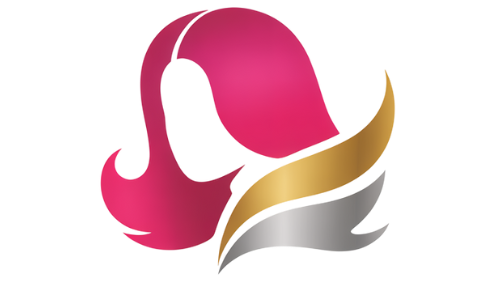 Pink and gold logo of a stylized woman's hair, curls and flowing.