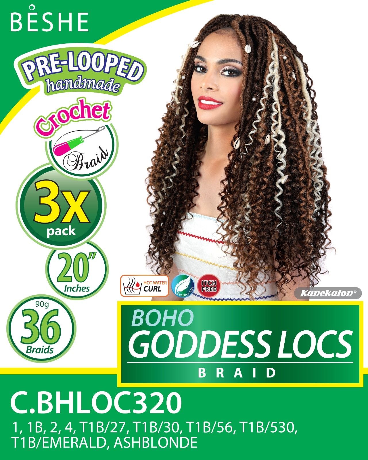 Woman with brown hair in curly crochet locs, product for sale.