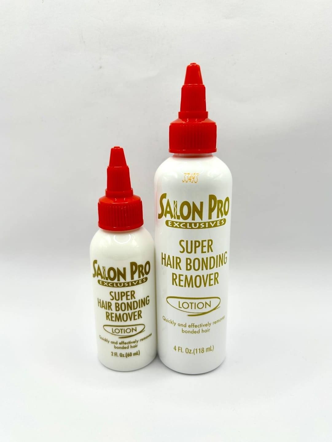 Two white Salon Pro Super Hair Bonding Remover bottles with red tops, varying sizes, on a white background.
