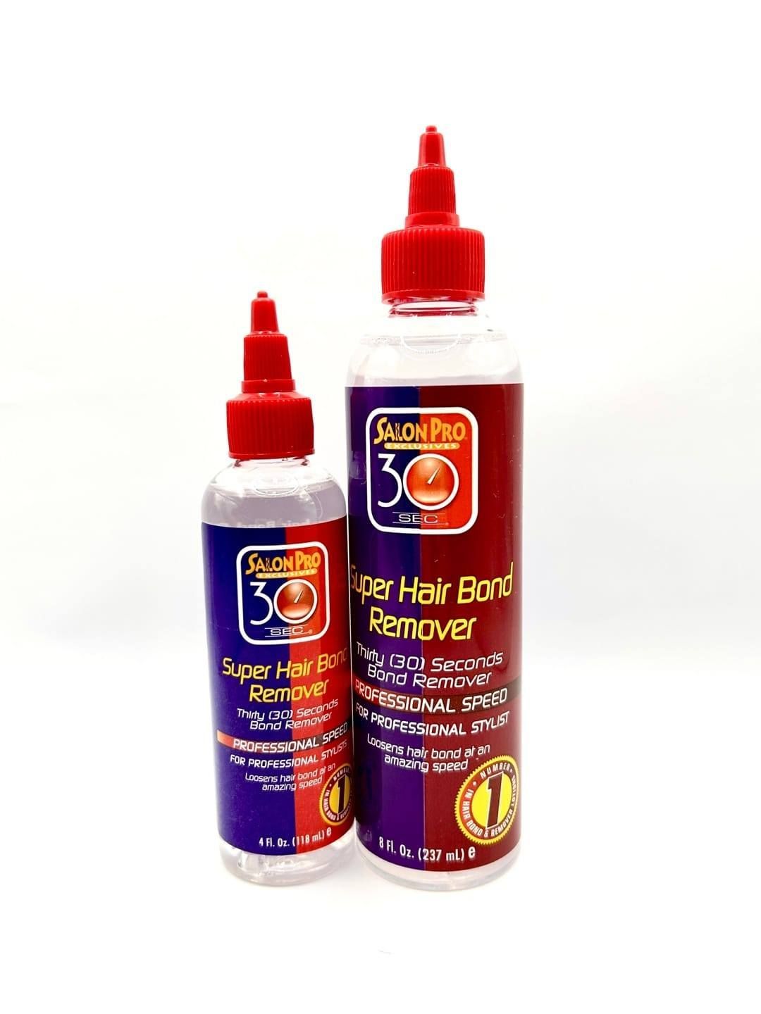 Two Salon Pro 30 Super Hair Bond Remover bottles, small and large, with red and white caps and labels.