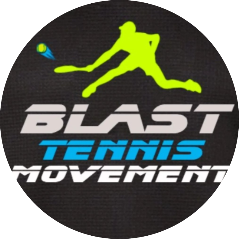 Logo: Neon green tennis player swinging at ball. 