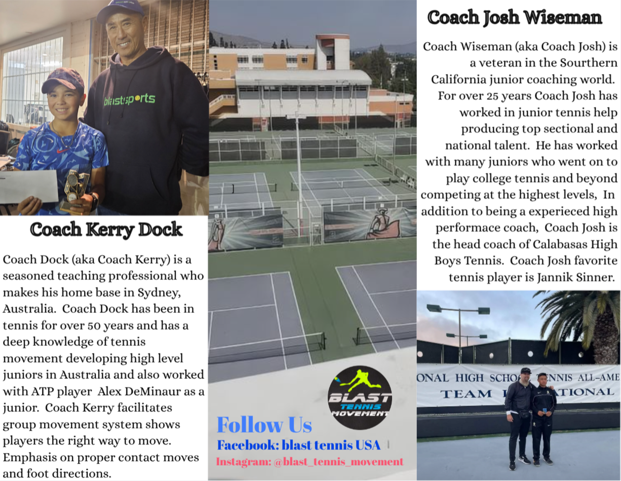 Tennis coaches, Kerry Dock and Josh Wiseman, with a photo of a tennis court and an advertisement for Blast Tennis USA.