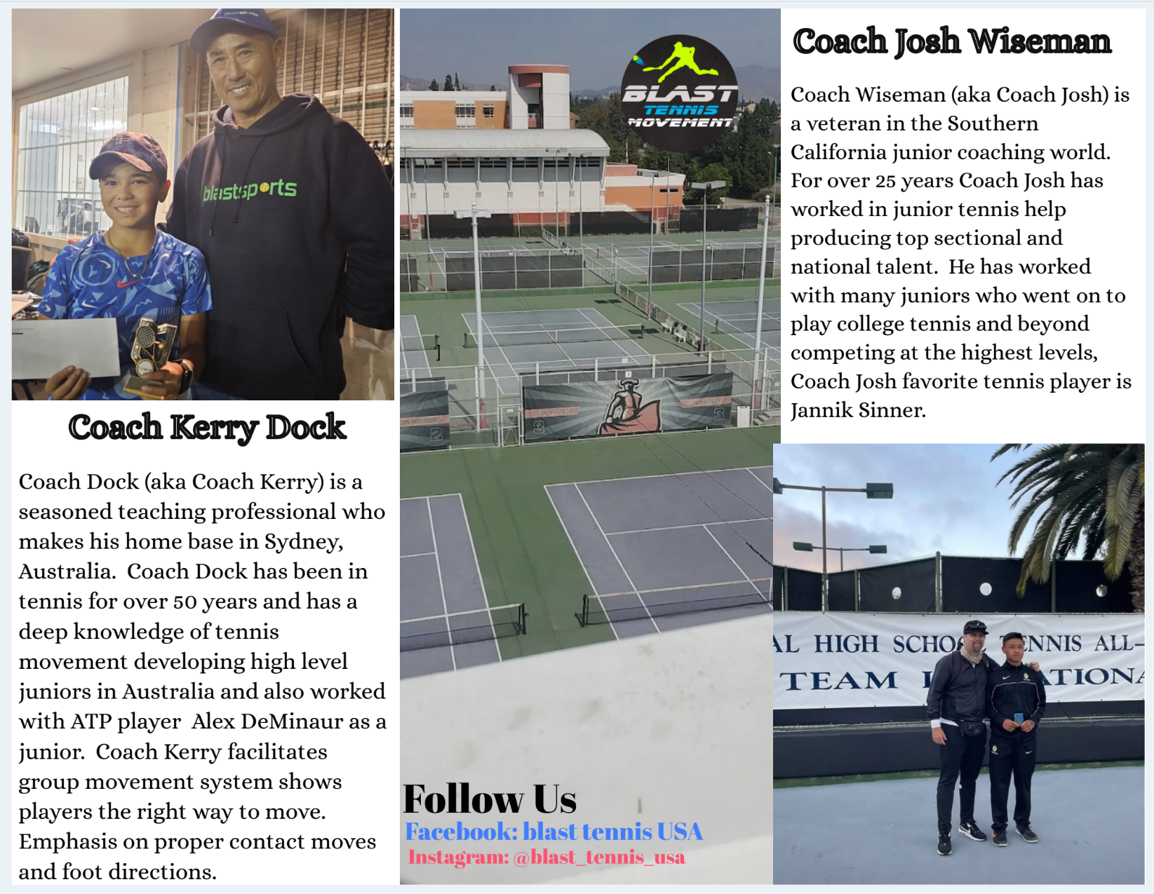 Tennis coaches, Kerry Dock and Josh Wiseman, with a photo of a tennis court and an advertisement for Blast Tennis USA.