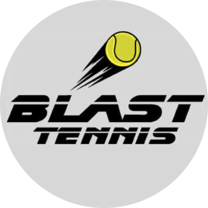 Logo: Neon green tennis player swinging at ball. 