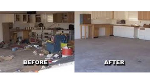 A before and after photo of a messy kitchen.