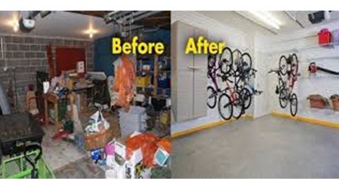 A before and after picture of a garage with bikes hanging on the wall.