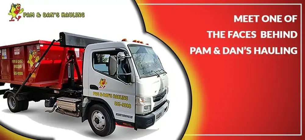 A dump truck with the words meet one of the faces behind pam and dan 's hauling