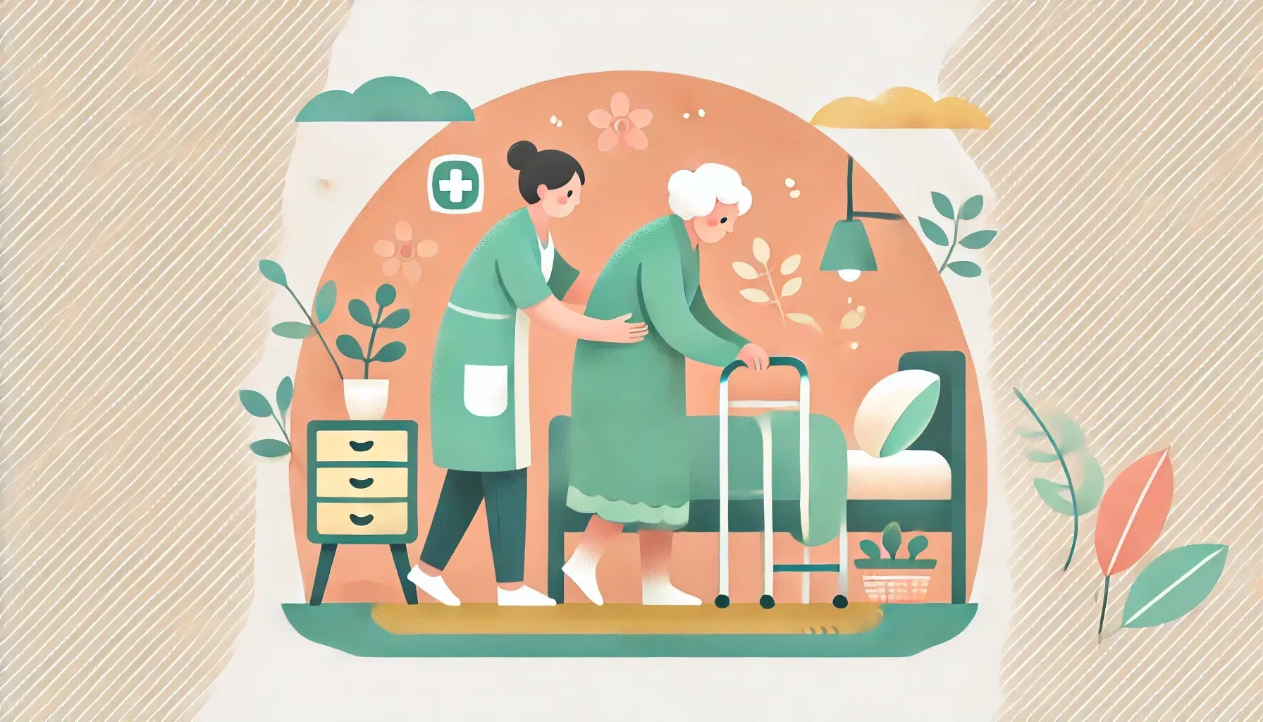 Verzorgende helpt de zorgvrager met lopen