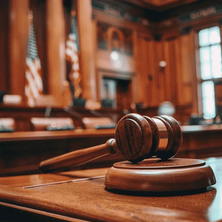 A judge 's gavel is sitting on a wooden table next to a stack of books.
