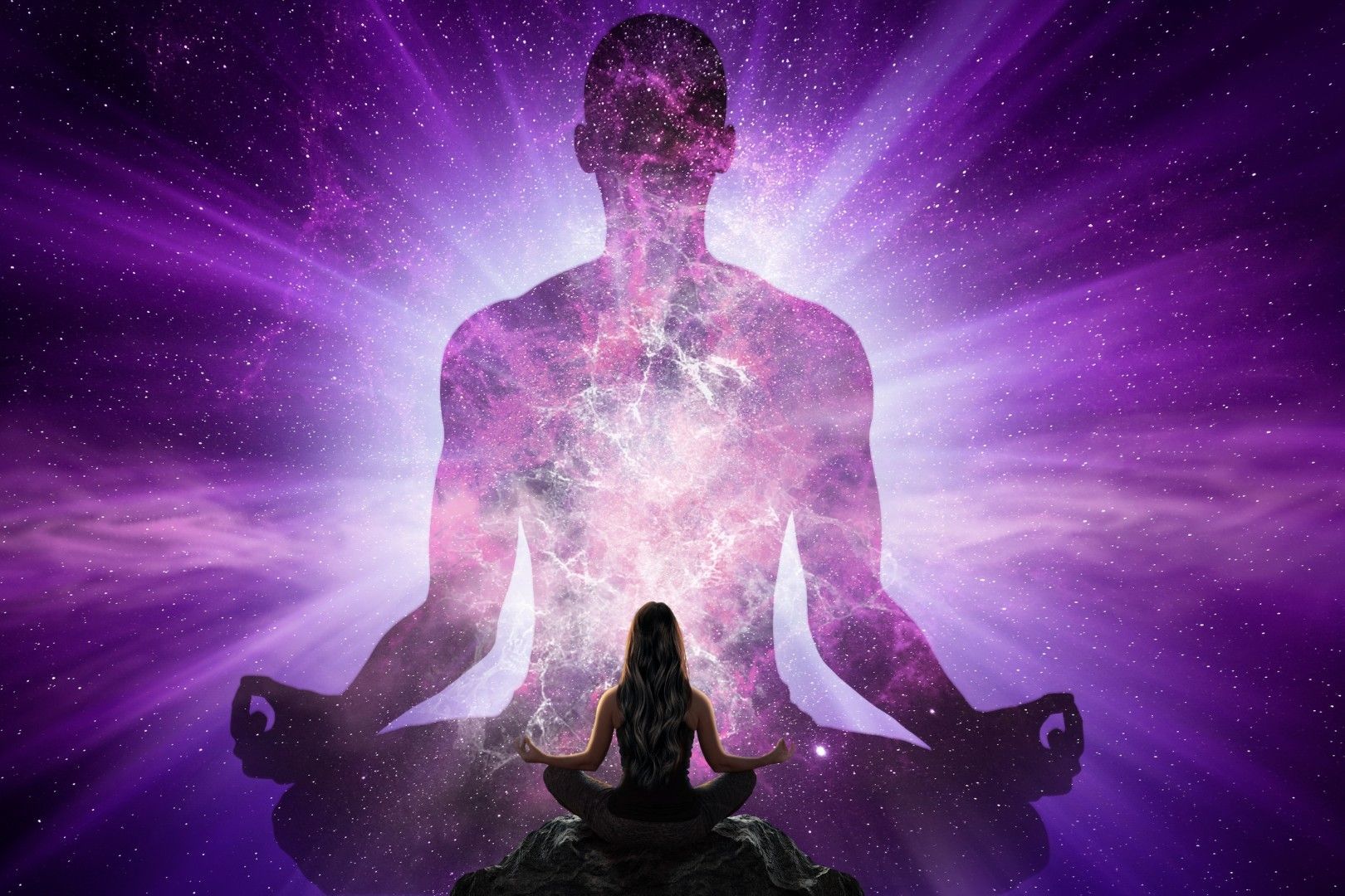 Woman meditating in lotus pose with a cosmic figure overlay. Purple and white light radiates.