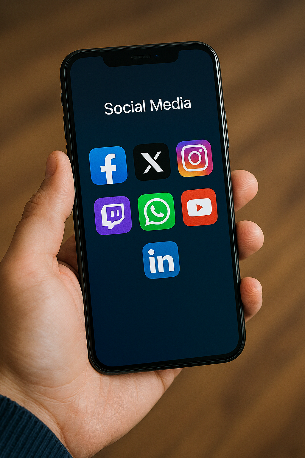 Hand holding a phone with a social media app icons.