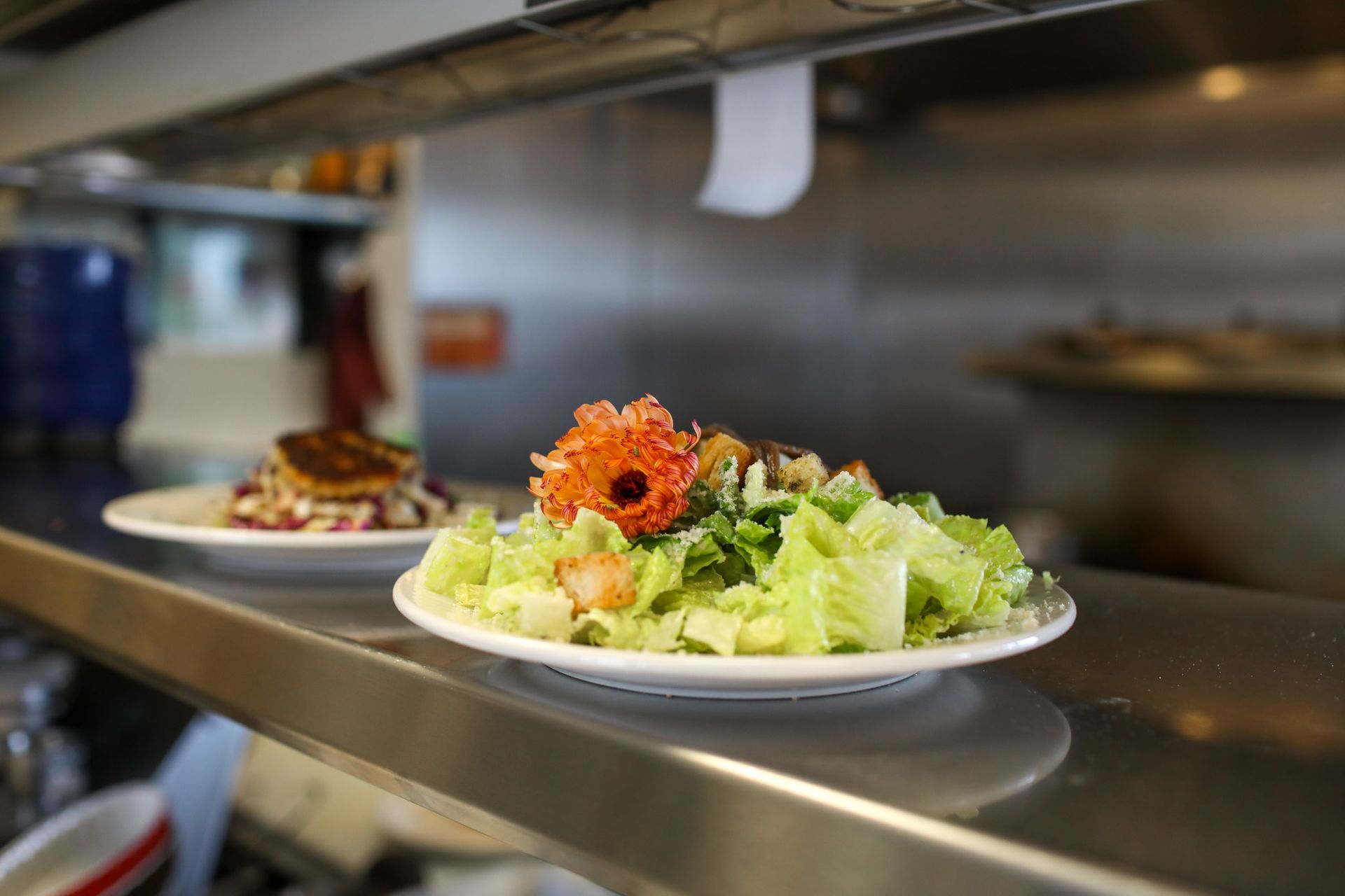 Two plates of food are sitting on a shelf in a kitchen.