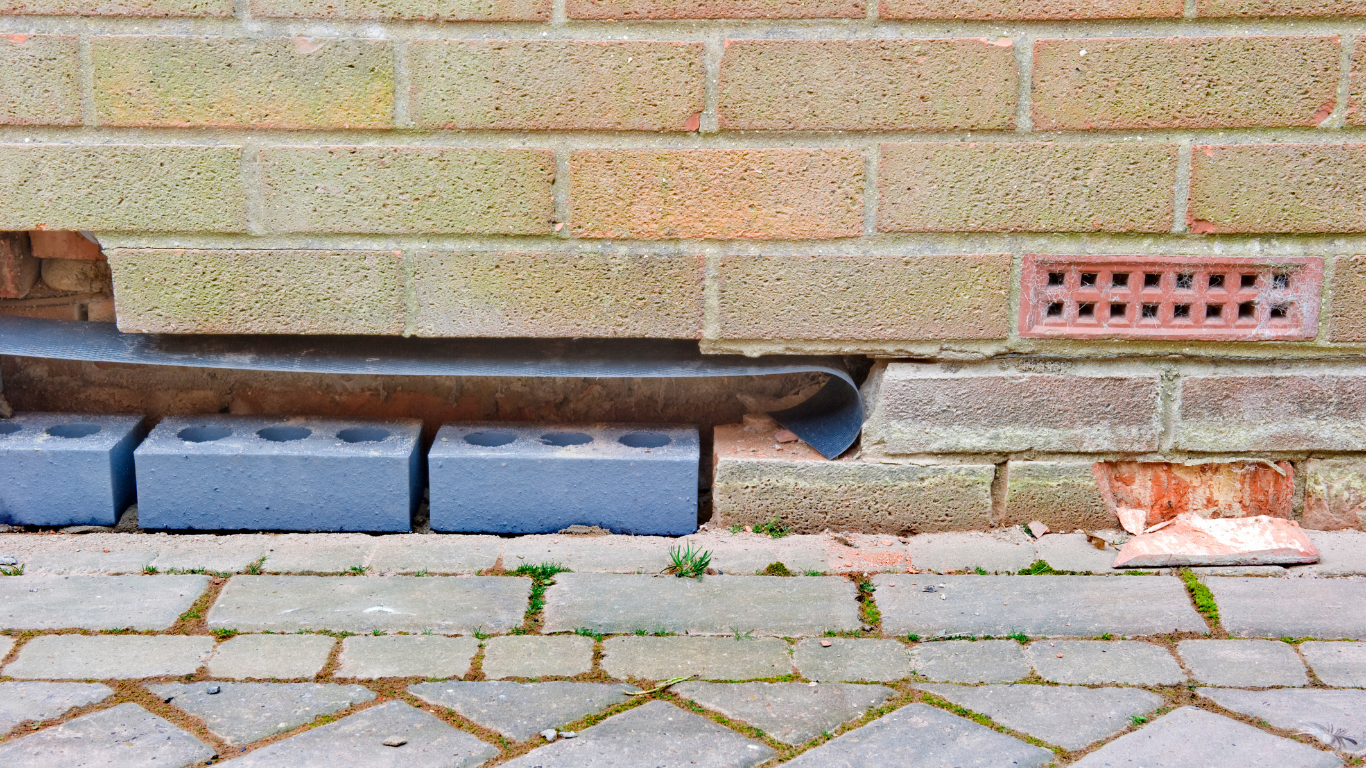 Brick wall with a gray gutter, and gray bricks at the base, near a patterned walkway.