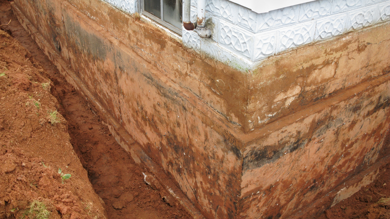 Foundation of a building exposed with dirt; red and brown earth tones.