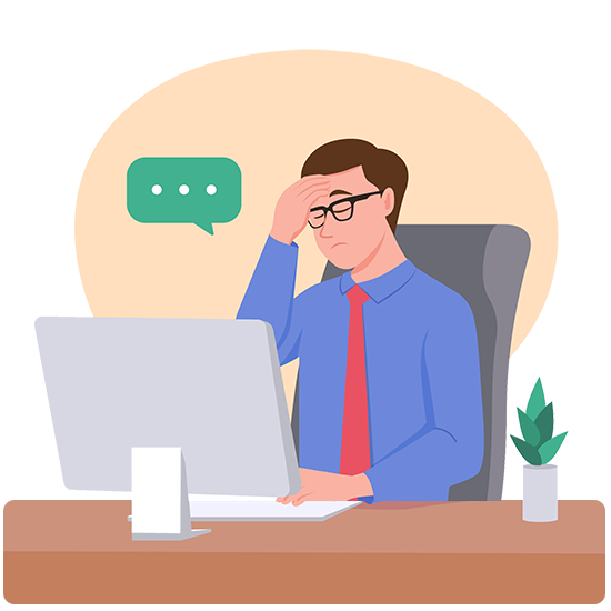 Man at a computer with hand on forehead, looking stressed. Speech bubble, desk, plant.