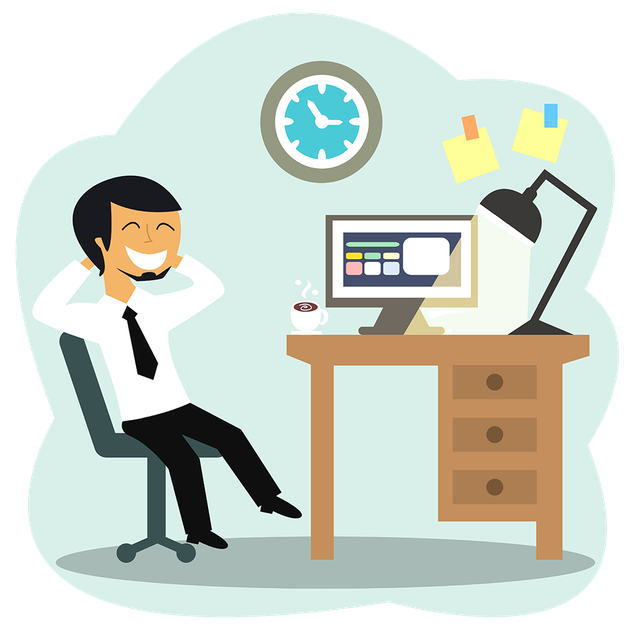 Man relaxing at a desk with a computer, coffee, and lamp. Blue background, smiling, arms behind head.