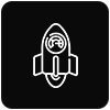 Rocket ship icon on a black square.