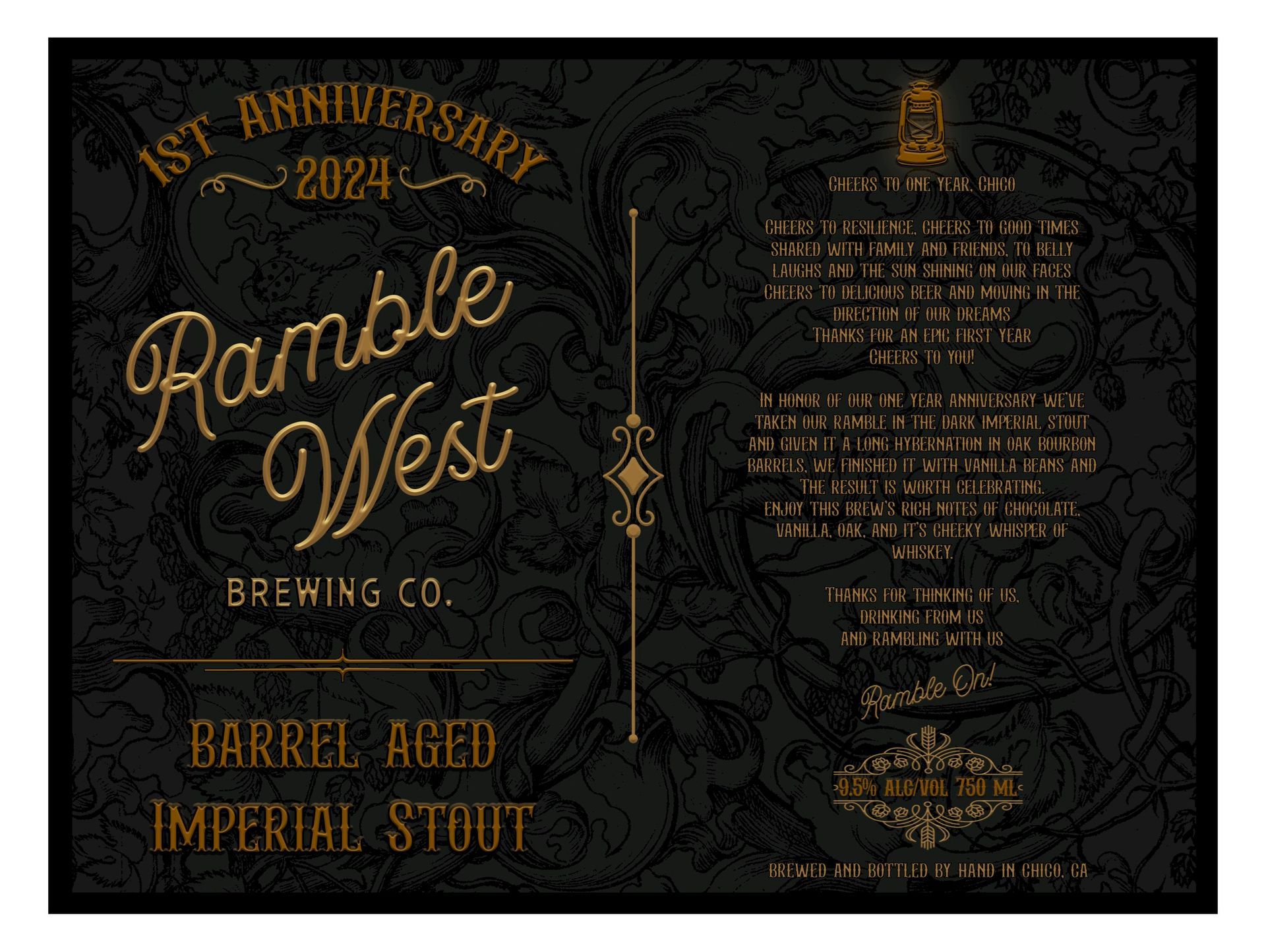 A black and gold label for a barrel aged imperial stout.