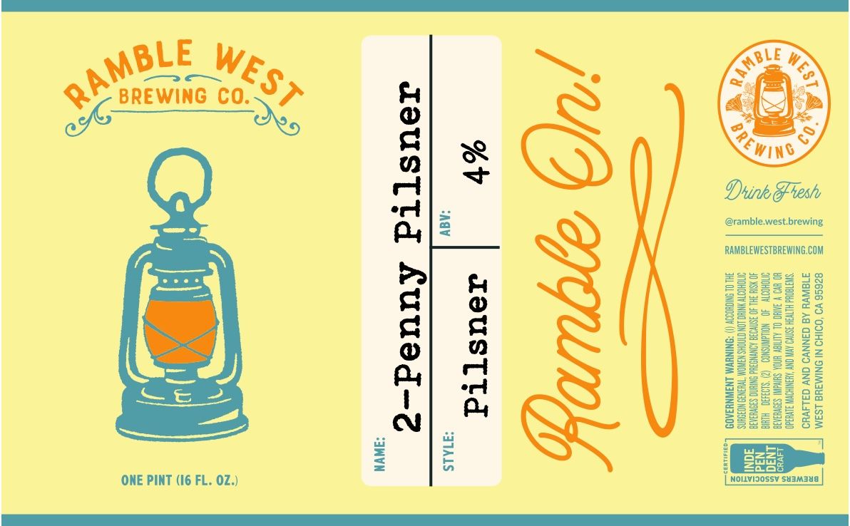 A label for ramble west brewing company 's 2 penny pilsner