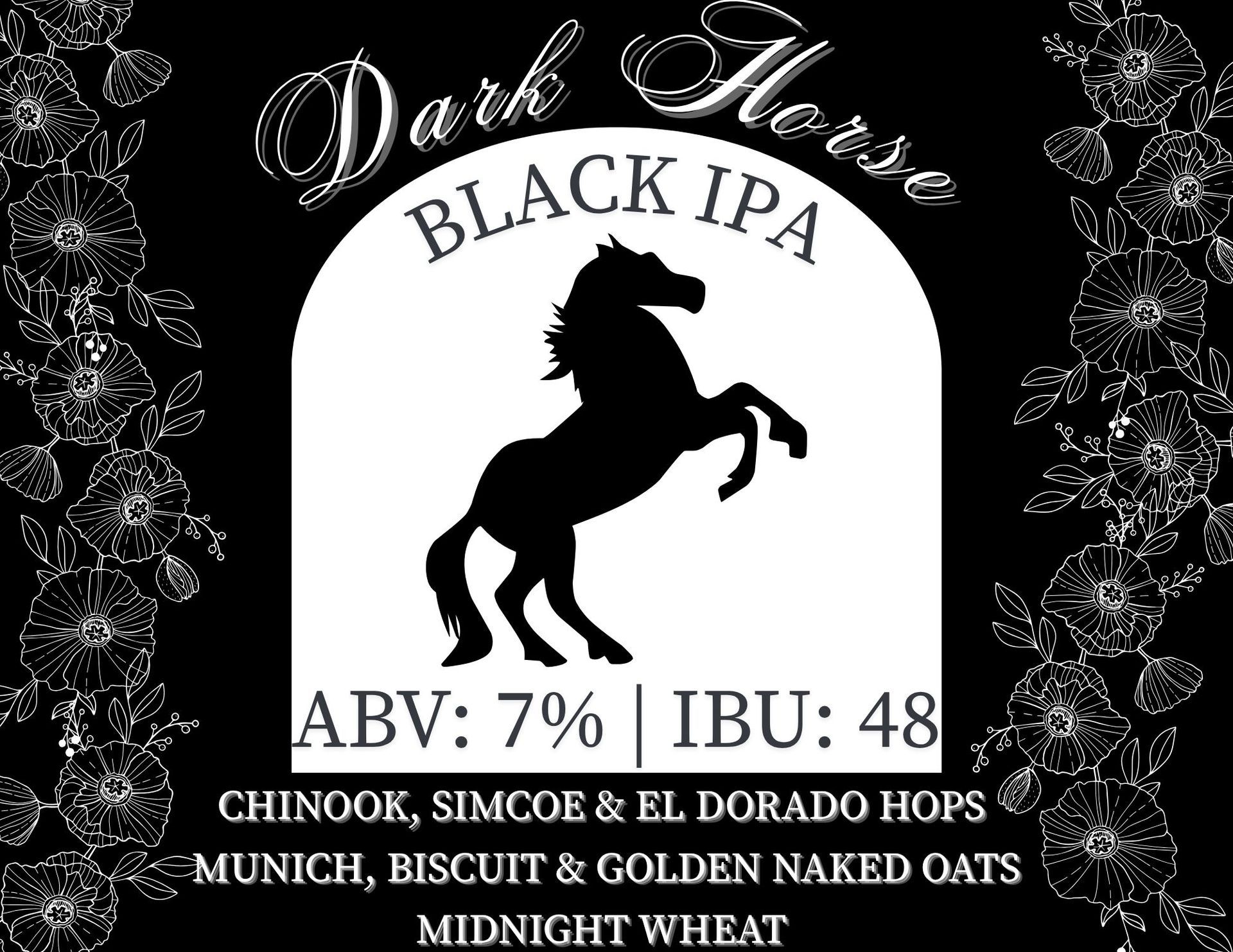 A black and white label for a dark horse black ipa