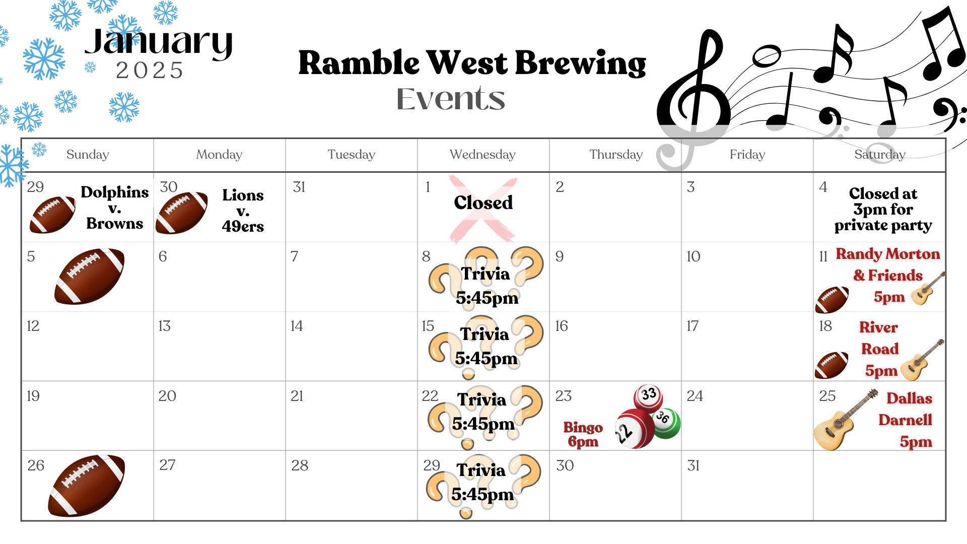 A calendar for ramble west brewing events for january