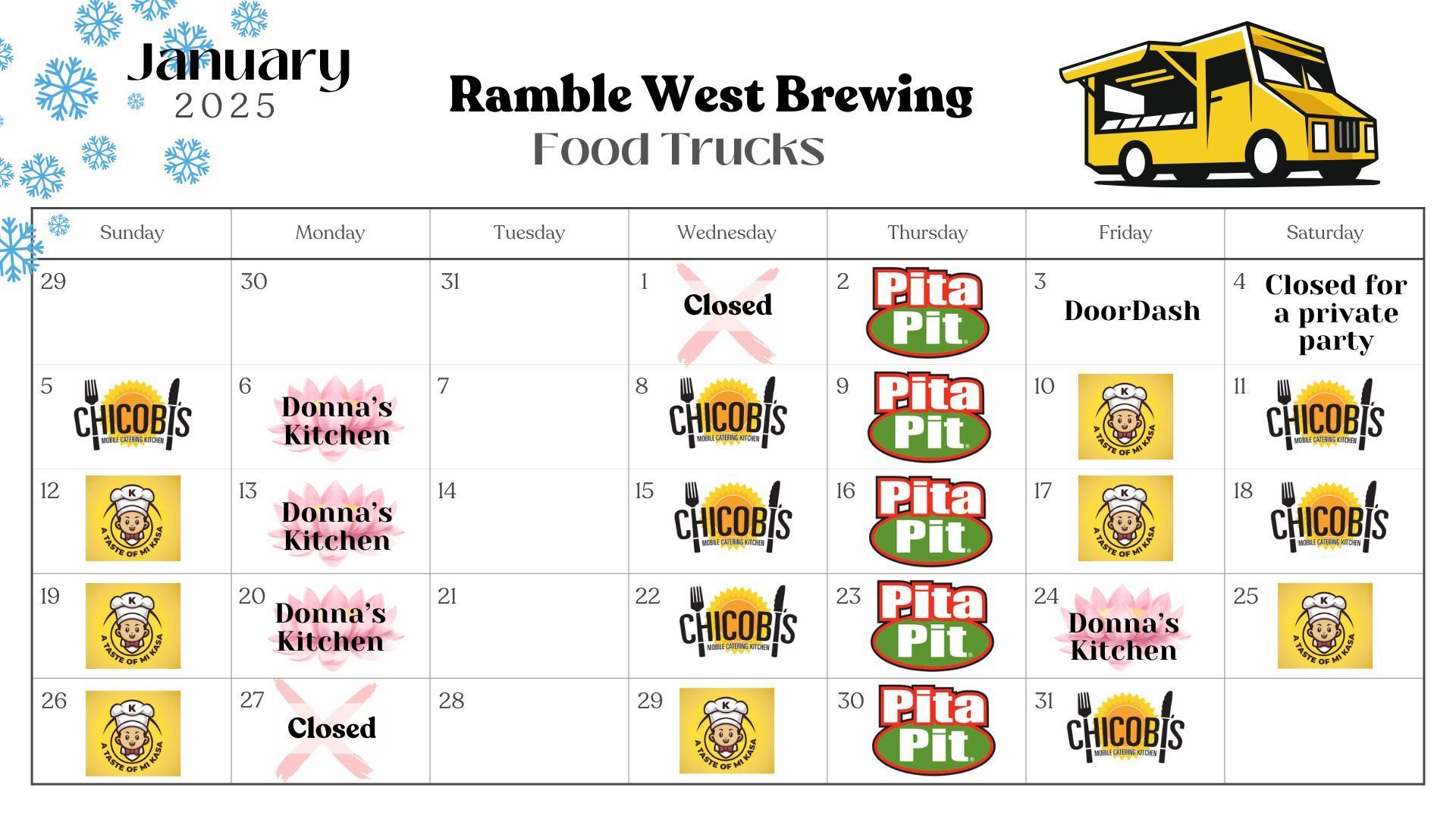 A calendar for the ramble west brewing food trucks