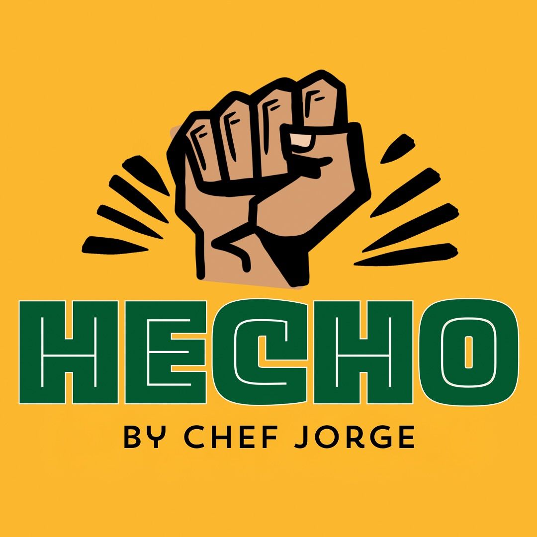 Logo for Hecho by Chef Jorge: Brown fist raised against yellow background, with green 