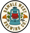 the logo for ramble west brewing company has a lantern and hops on it .
