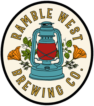a logo for ramble west brewing company with a lantern and flowers .