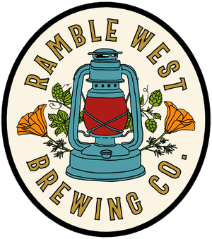 A logo for ramble west brewing company with a lantern and flowers.