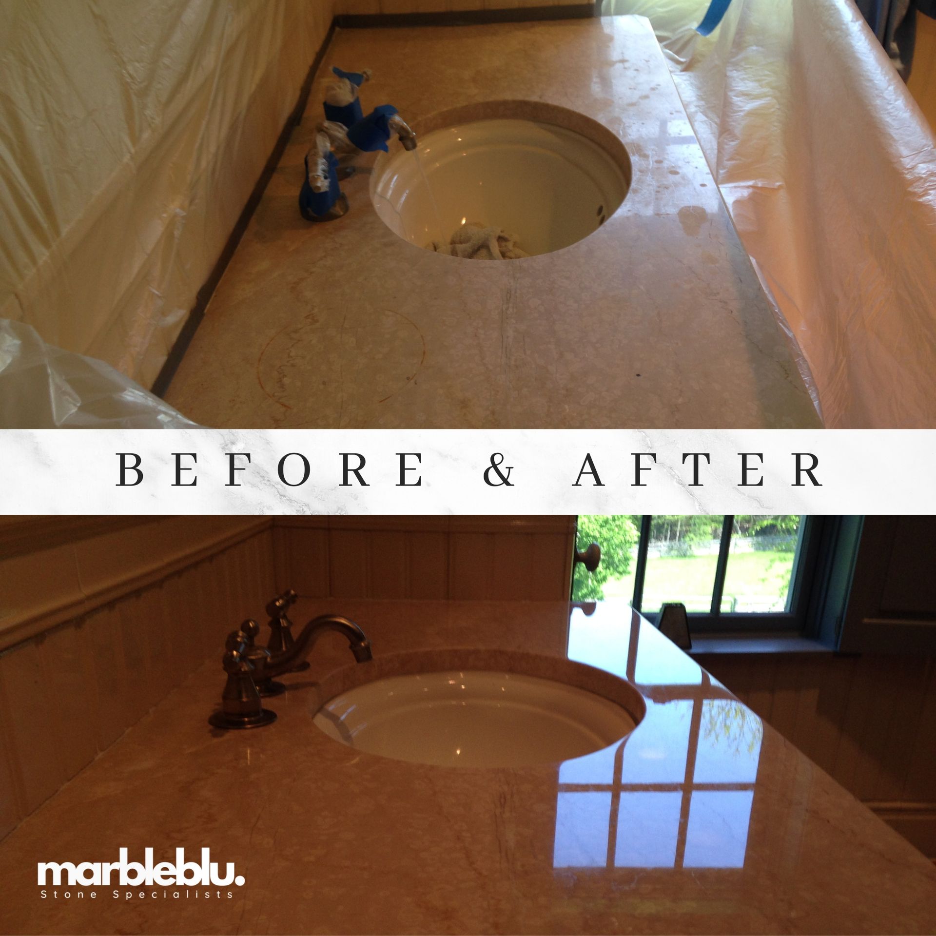 A before and after photo of a marble bathroom top that was restored, polished and sealed.