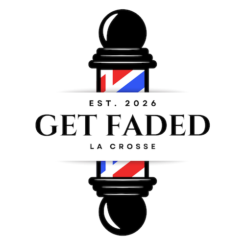 Barber pole logo with text 