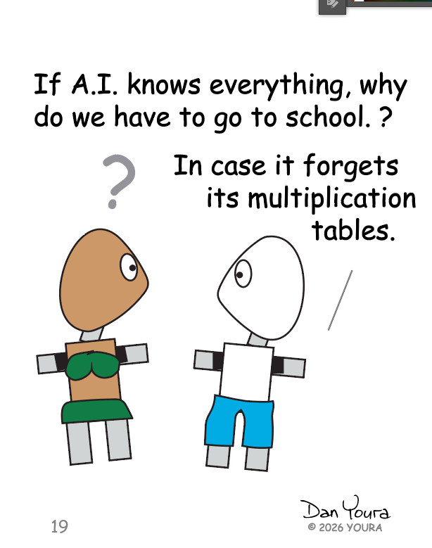 Two cartoon students discuss A.I. forgetting multiplication tables; one says, “In case it forgets its multiplication tables.”