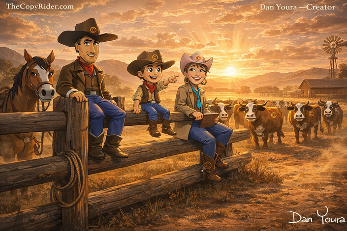 Three cowboy dolls sitting on a wooden fence at sunset with dogs in a rustic field