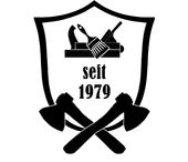 Ein schwarz-weisses Logo mit einem Schild und zwei gekreuzten Äxten.