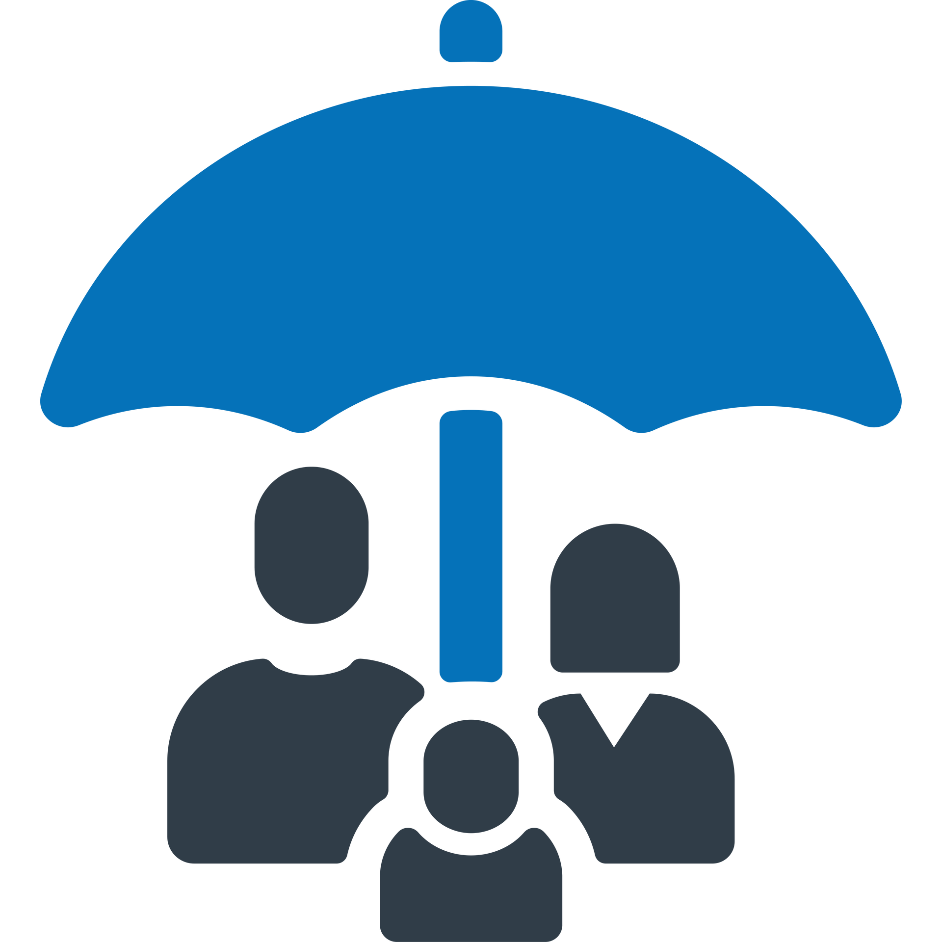 Blue umbrella over a family of three, suggesting protection.