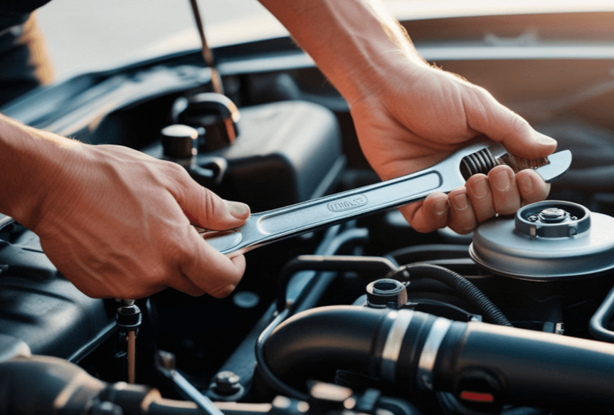 a mechanic doing an auto repair with a wrench