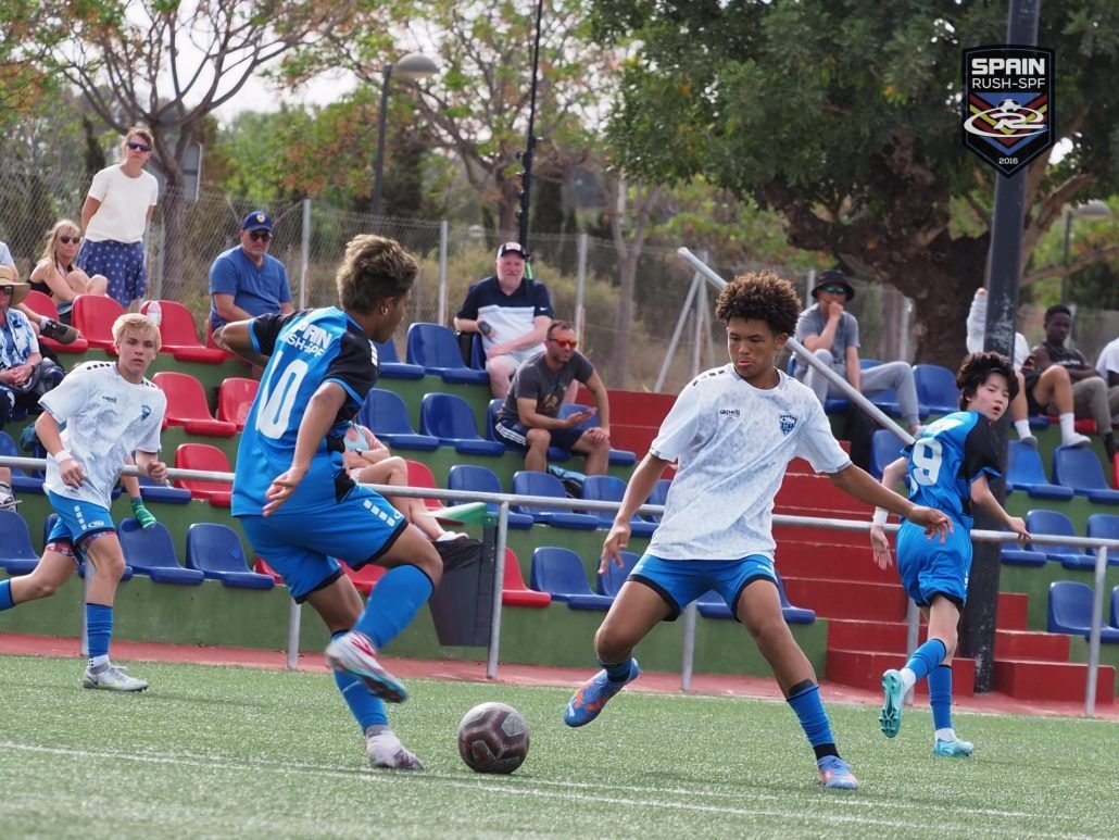 A group of young boys are playing soccer on a field.